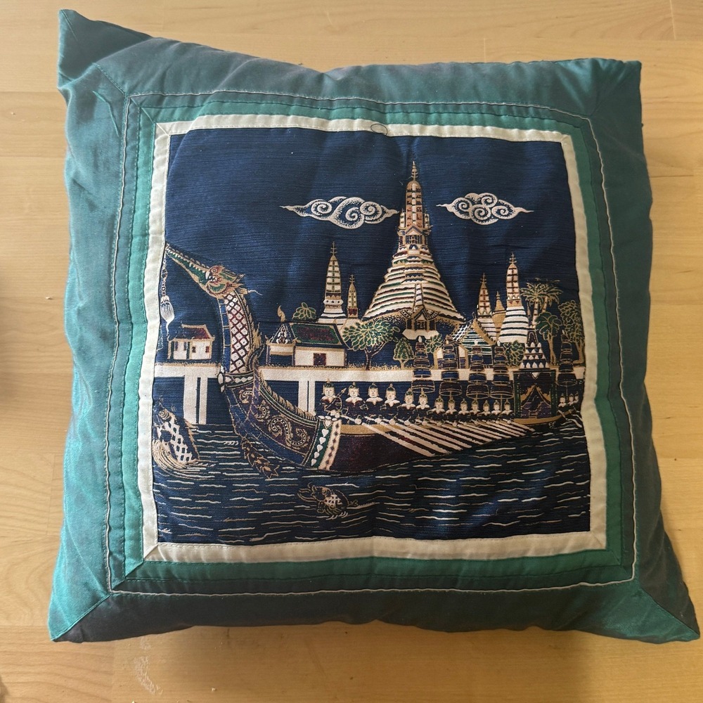 Thai Royal Barge Embroidered Throw Pillow Teal Blue 16x16 Boho Maximalist